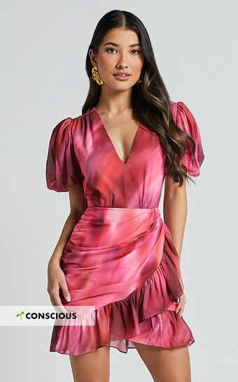 Eliza Mini Dress - Bishop Sleeve Button Front Dress in Blushing Haze Showpo