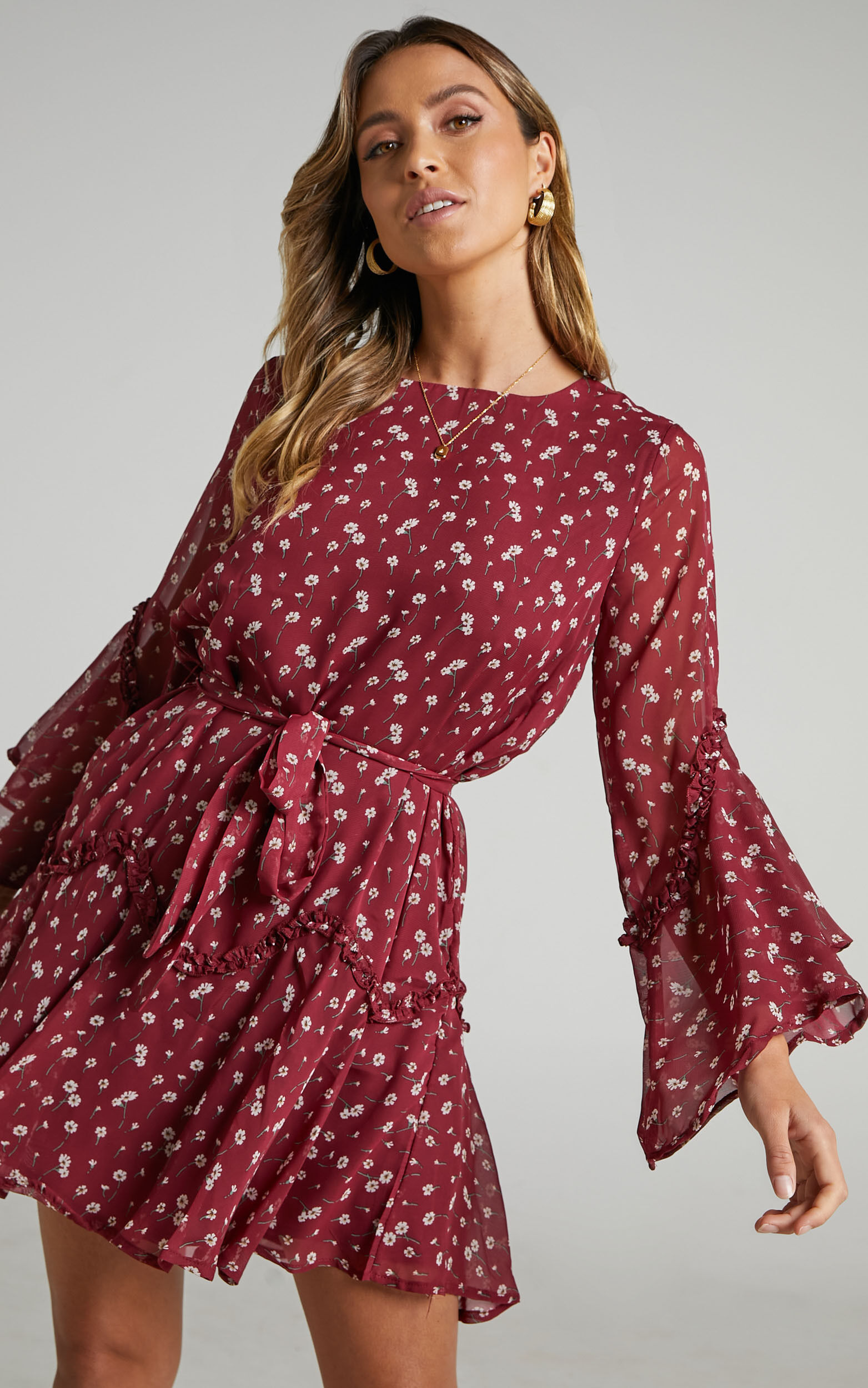 So Whats Next Bell Sleeve Mini Dress in Wine Floral | Showpo USA