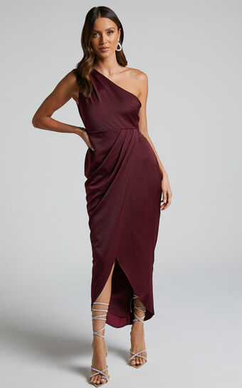 Felt So Happy Midi Dress - One Shoulder Drape Dress in Wine