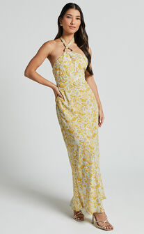 Alba Midi Dress - Halter Neck Slip Dress in Yellow