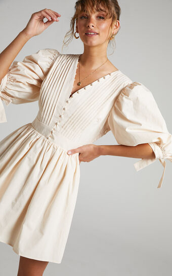 Zandra Mini Dress - Puff Sleeve Poplin Dress in Beige