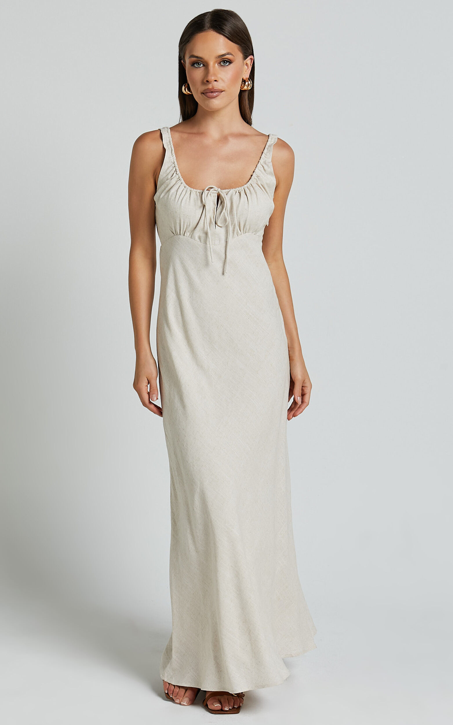 Lucas Midi Dress - Ruched Bust Linen Look Dress in Natural | Showpo