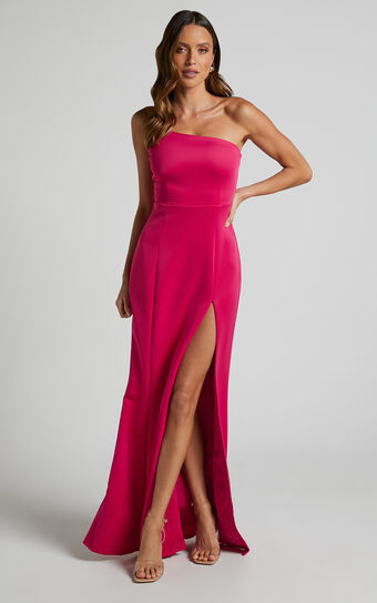 No Ones Fault Midi Dress - One Shoulder Thigh Split Dress in Berry