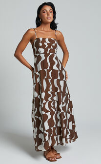 Elisabetta Midi Dress - Empire Waist A Line Dress in Chocolate Mono Wave
