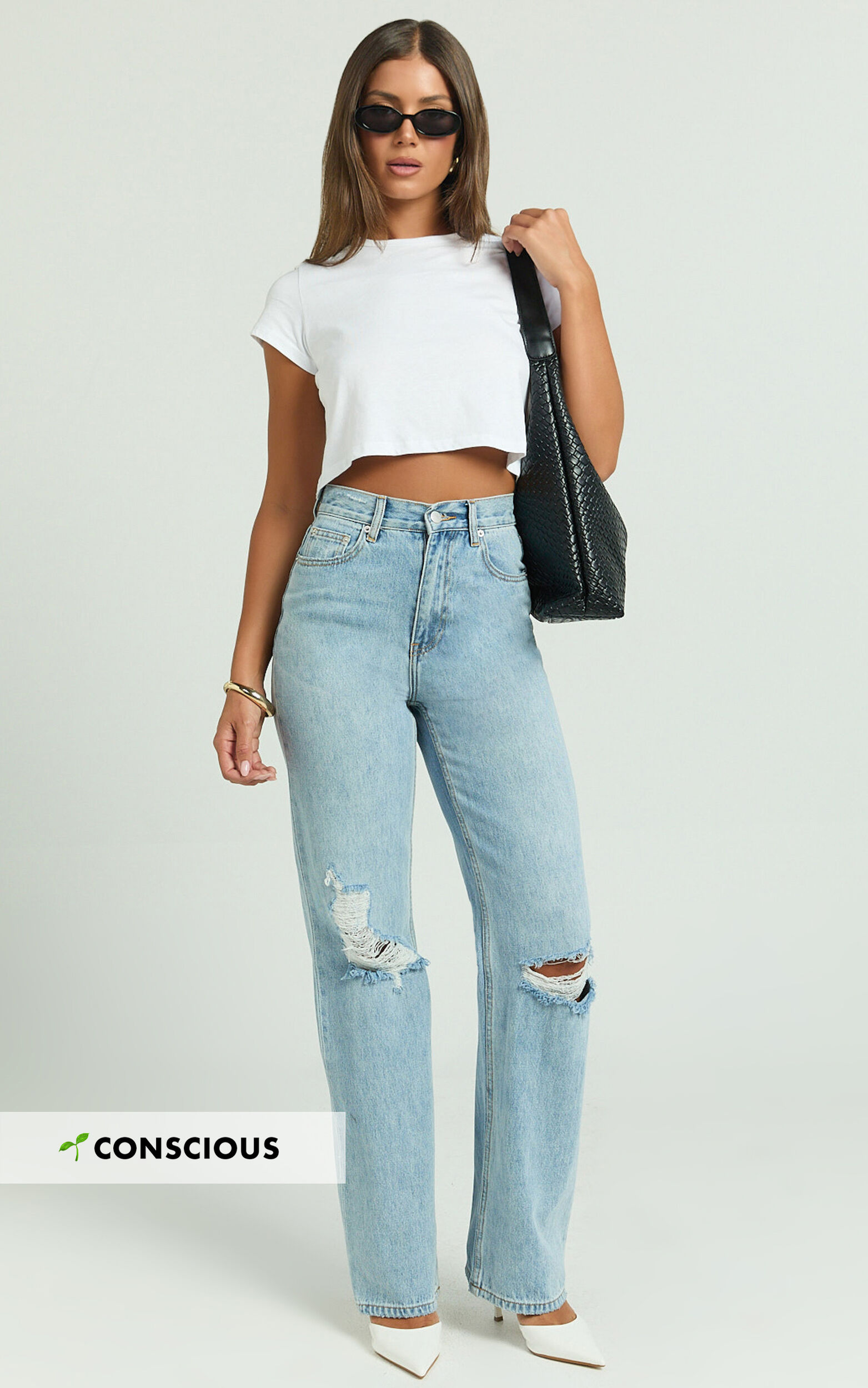 Miho Jeans - High Waisted Recycled Cotton Distressed Straight Leg Denim Jeans in Mid Blue Wash - 04, BLU1