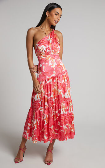 Georgine Midi Dress - One Shoulder Ruched Tiered Dress in Peony Blossom No Brand