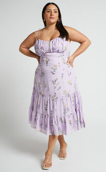 Monaco Midi Dress - Strappy Sweetheart Tiered Dress in Lavender Botanical Floral