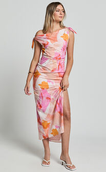 Cincinnati Midi Dress - Off The Shoulder Side Split Column Linen Look Dress in Pink Blur Floral