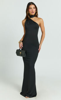 Seraphine Maxi Dress - Halter Neck Low Back Fit And Flare Dress in Black