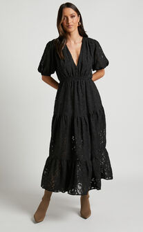 Elpina Midi Dress - Button Through Tiered Shirt Dress in Black