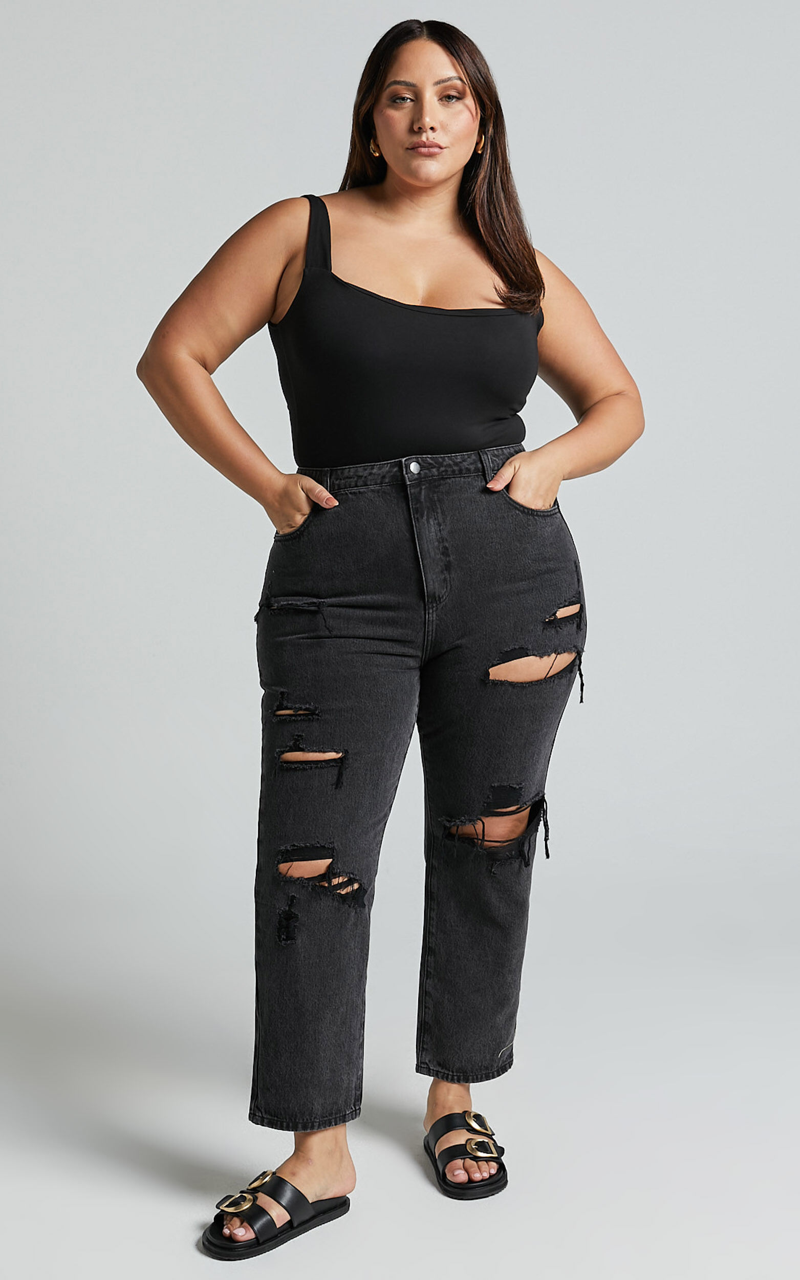 Billie Jeans - High Waisted Cotton Distressed Mom Denim Jeans in