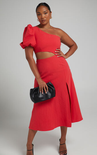 Marcia Midi Dress - One Shoulder Dress with Side Cut Out in Red