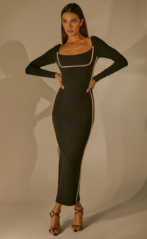 Claudine Midi Dress - Bodycon Long Sleeve Contrast Stitch Dress in Black