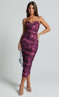 Leanor Midi Dress - Mesh Ruched Bustier Bodycon Dress in Grape Print