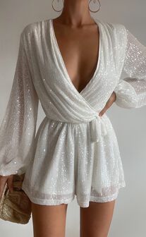 Jessen Playsuit - Tie Waist Balloon Sleeve Playsuit in White Sequin