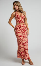 Julietta Two Piece Set - Halter Neck Top and Midi Skirt Set in Wine Floral | Showpo