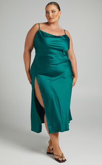 Flordeliza Midi Dress - Cowl Neck Thigh Slit Slip Dress in Emerald