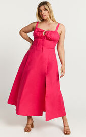 Maiya Midi Dress - Tie Front Fitted Bodice Dress in Hot Pink | Showpo USA