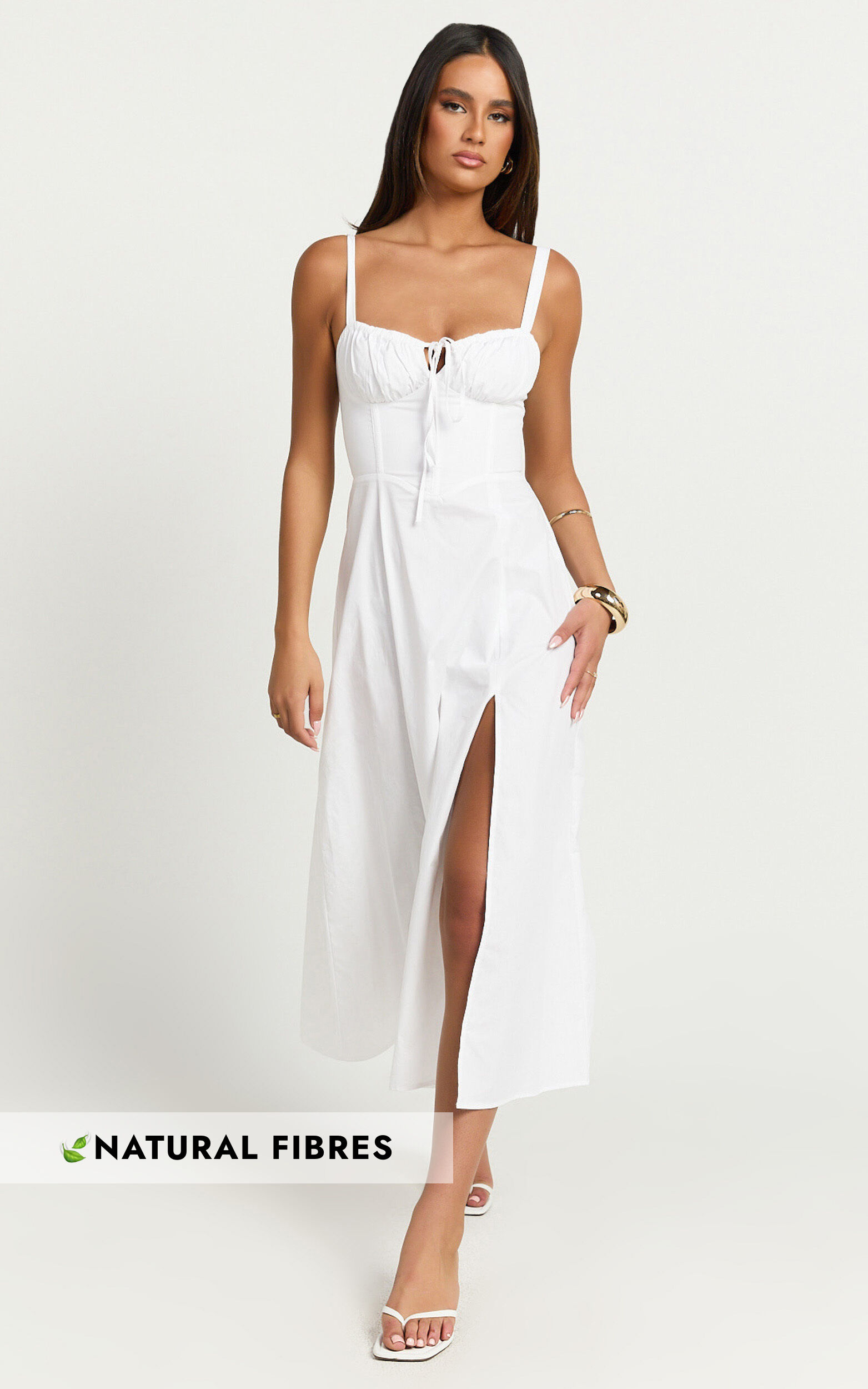 Maiya Midi Dress - Tie Front Fitted Bodice Dress in White - 06, WHT1