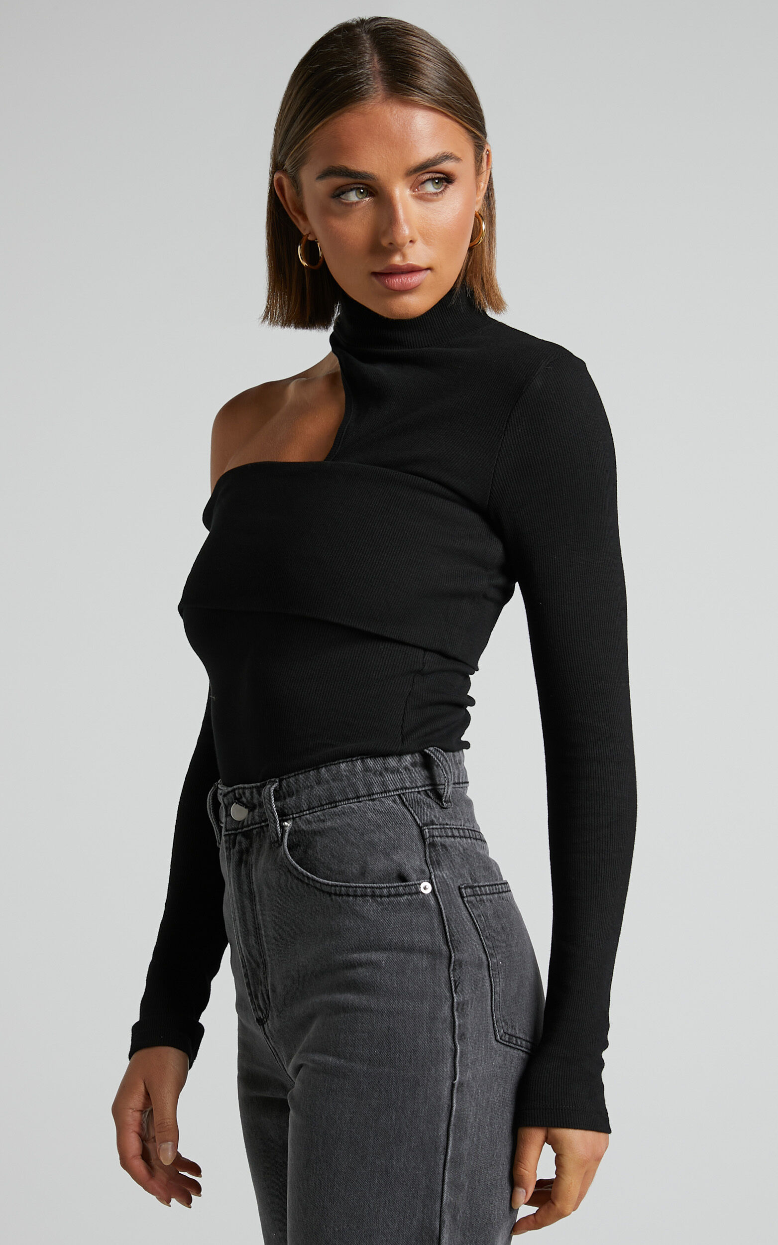 Kiefer Top - Asymmetric Long Sleeve Cutout Top in Black