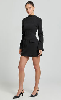 Carlson Mini Dress - High Neck Sleeve Cocoon Skirt Dress in Black