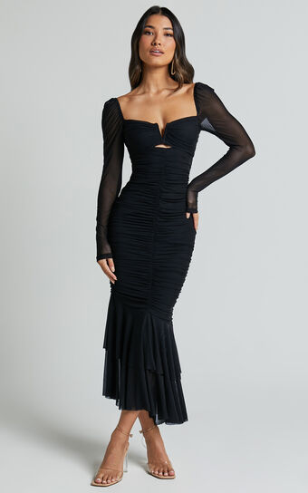 Arabella Midi Dress - Bust Detail Ruched Mesh Midi with Cut Out Detail in Black 
