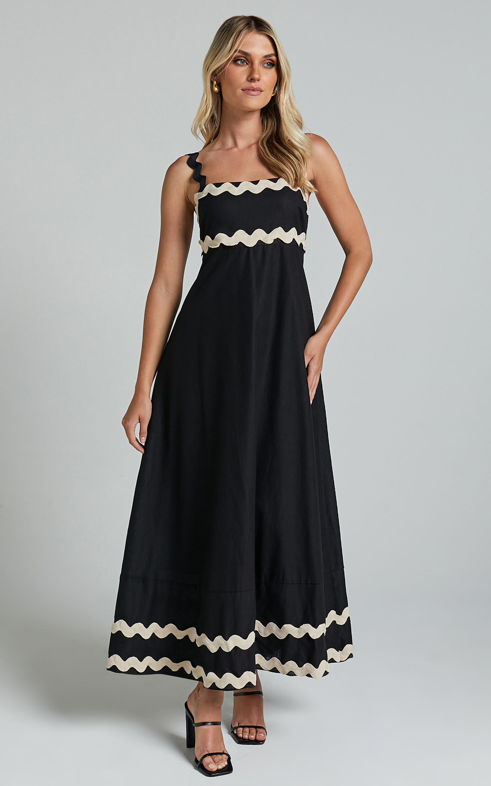 Wenalyn Midi Linen Blend Dress - Straight Neck Wave Detail A Line Dress in Black with Beige Contrast Trim - 06, BLK1