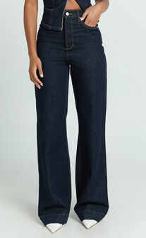 Emman Jeans - High Waisted Cotton Wide Leg Denim Jeans in Raw Denim with Tobacco Stitch