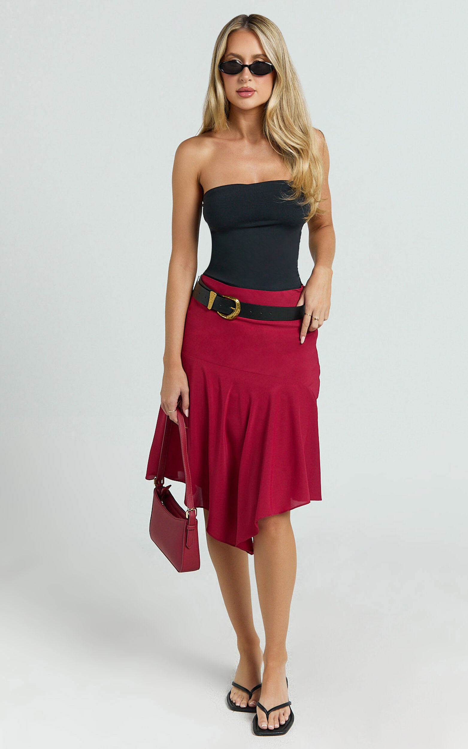 Clare Midi Skirt - Mid Waisted Asymmetric Bias Cut Slip Skirt in Cherry Red - 06, RED1
