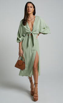 Tyricia Midi Dress - Long Sleeve Tie Front Cut Out Dress in Sage