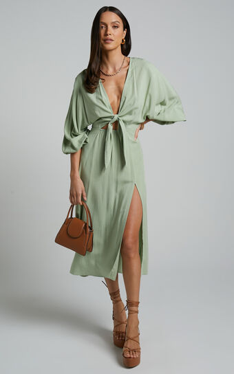 Tyricia Midi Dress - Long Sleeve Tie Front Cut Out Dress in Sage