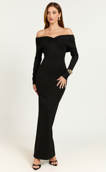 Rani Midi Dress - Off Shoulder Long Sleeve Bodycon Dress in Black