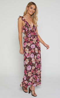 Alessa Midi Dress - V Neck Frill Detail Empire Waist Back Cut Out Dress in Wine Floral