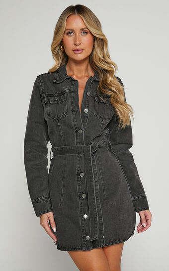 Enriquetta Mini Dress - Cotton Denim Long Sleeve Button Up Dress in Washed Black