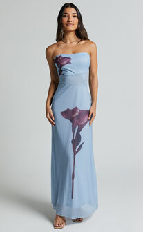 Adali Midi Dress - Strapless Mesh Midi Dress in Blue Floral