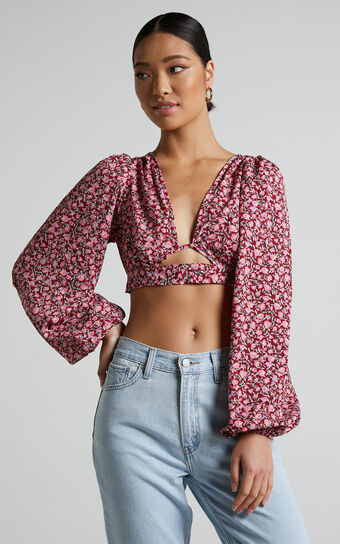 Glenda Blouse - Puff Sleeve Cut Out Open Back Blouse in Red Floral