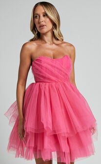 Stephy Mini Dress - Strapless Tiered Tulle in Pink