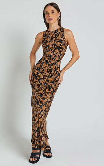Francis Midi Dress - High Neck Slip Dress in Brown Floral Showpo