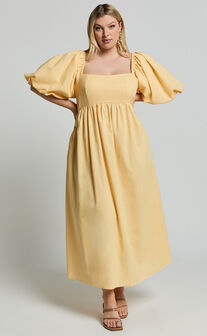 Cenia Midi Dress - Linen Look Straight Neck Shirred Back Puff Sleeve Dress in Lemon