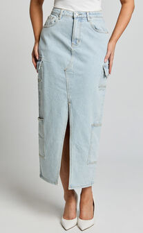 Sylvia Midi Skirt - Utility Pockets Denim Skirt in Light Blue Wash