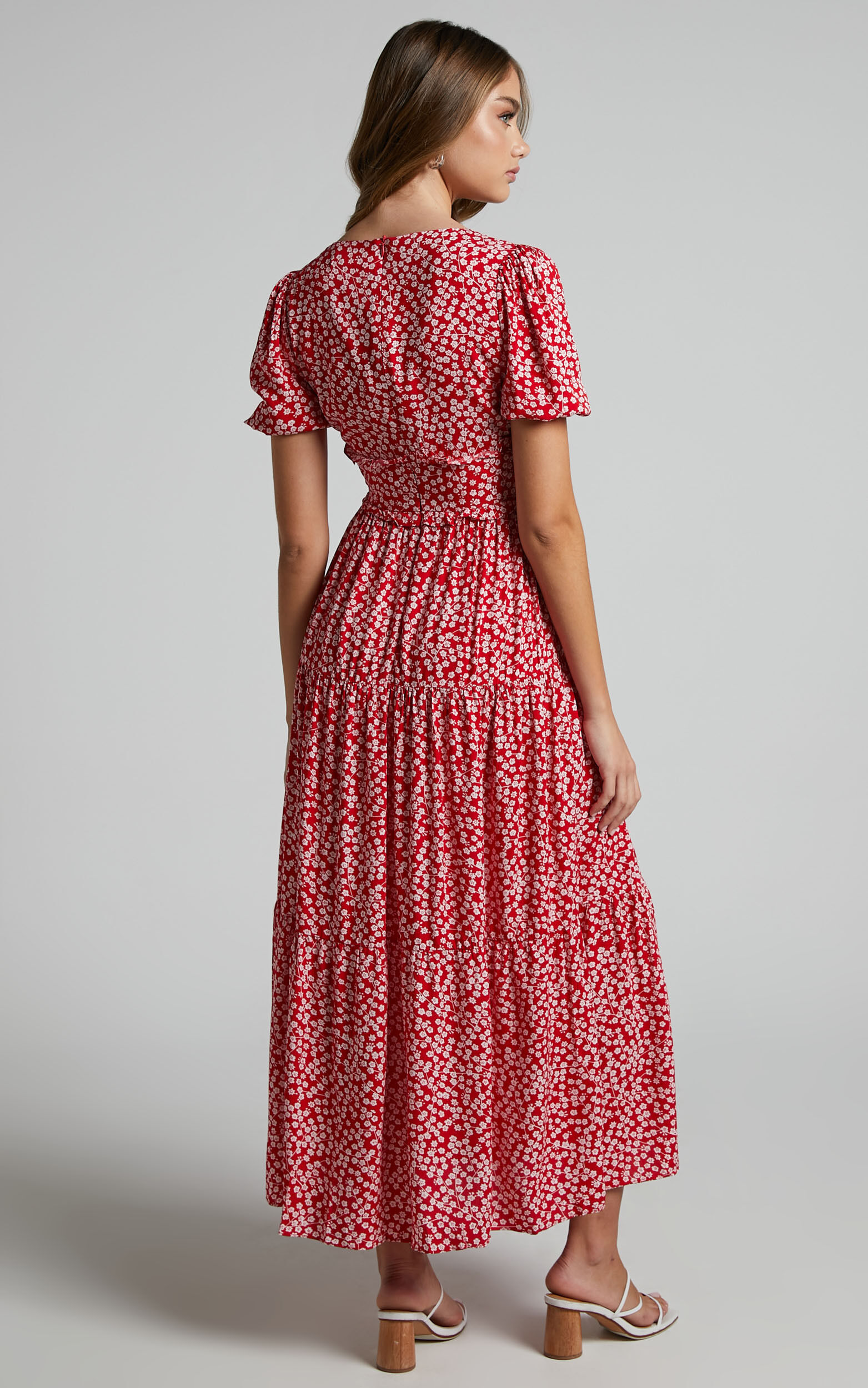 Red ditsy midi dress clearance