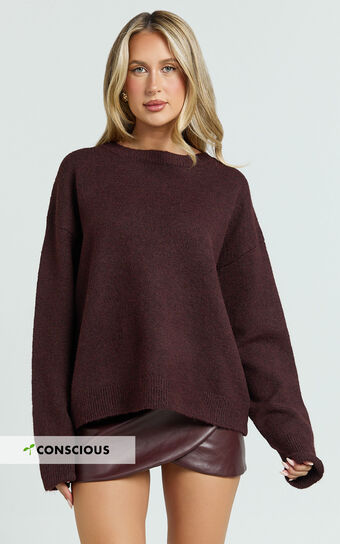 Amanda Top - Crew Neck Long Sleeve Knit Sweater in Burgundy