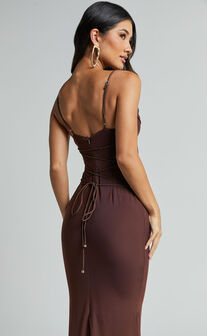 Ariel Midi Dress - Mesh Bodycon Tie Detail Dress in Chocolate