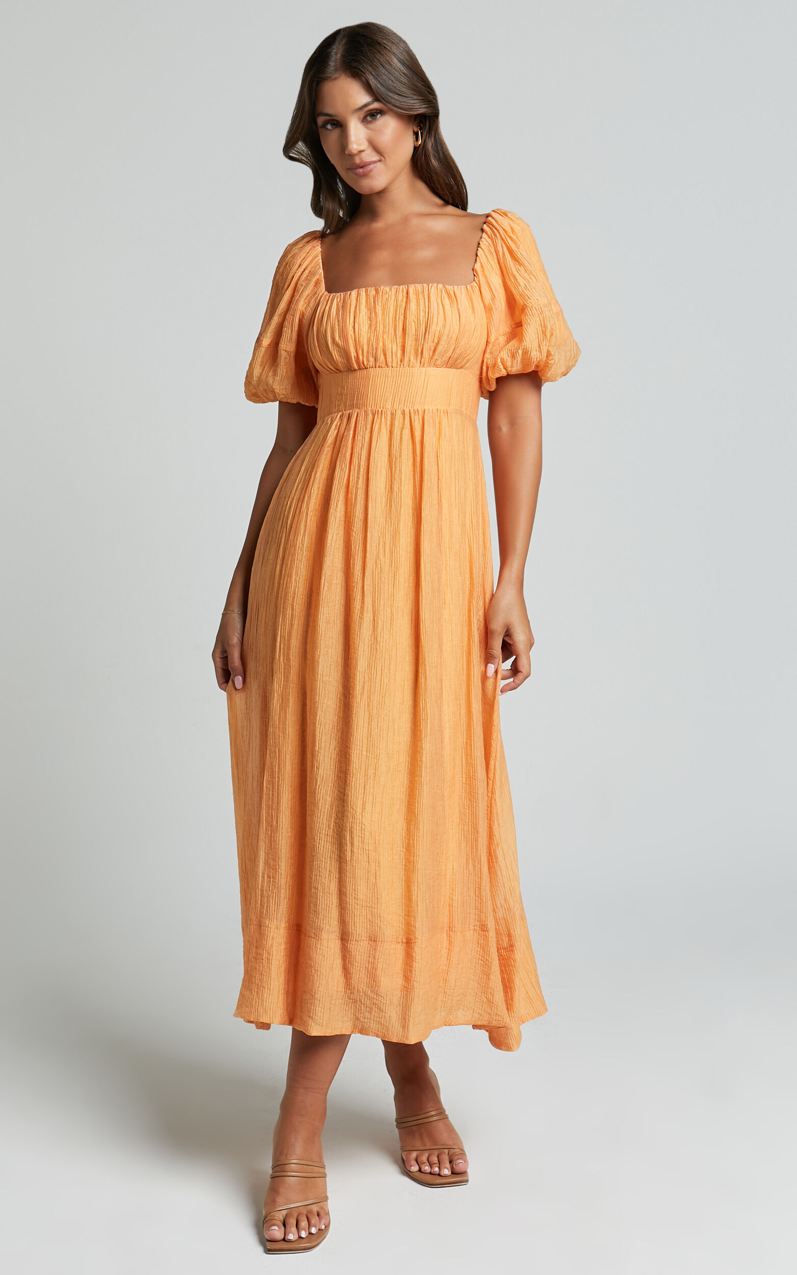 Roshina Midi Dress - Straight Neck Puff Sleeve Dress in Orange - 06, ORG1