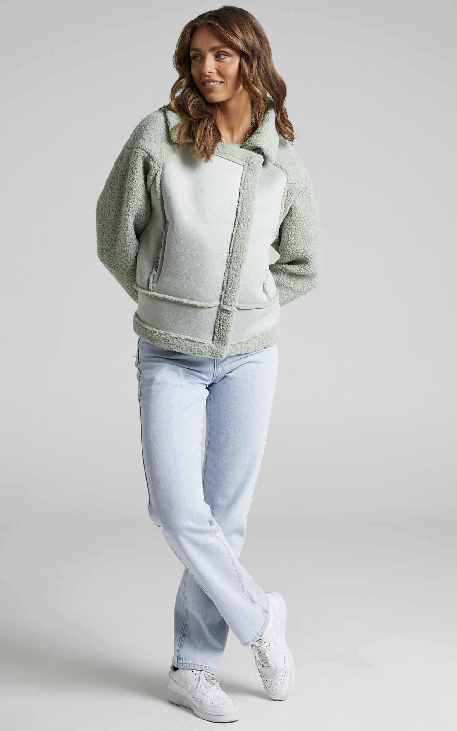 Zunette Zip Front Cosy Teddy Jacket in Sage Showpo EU