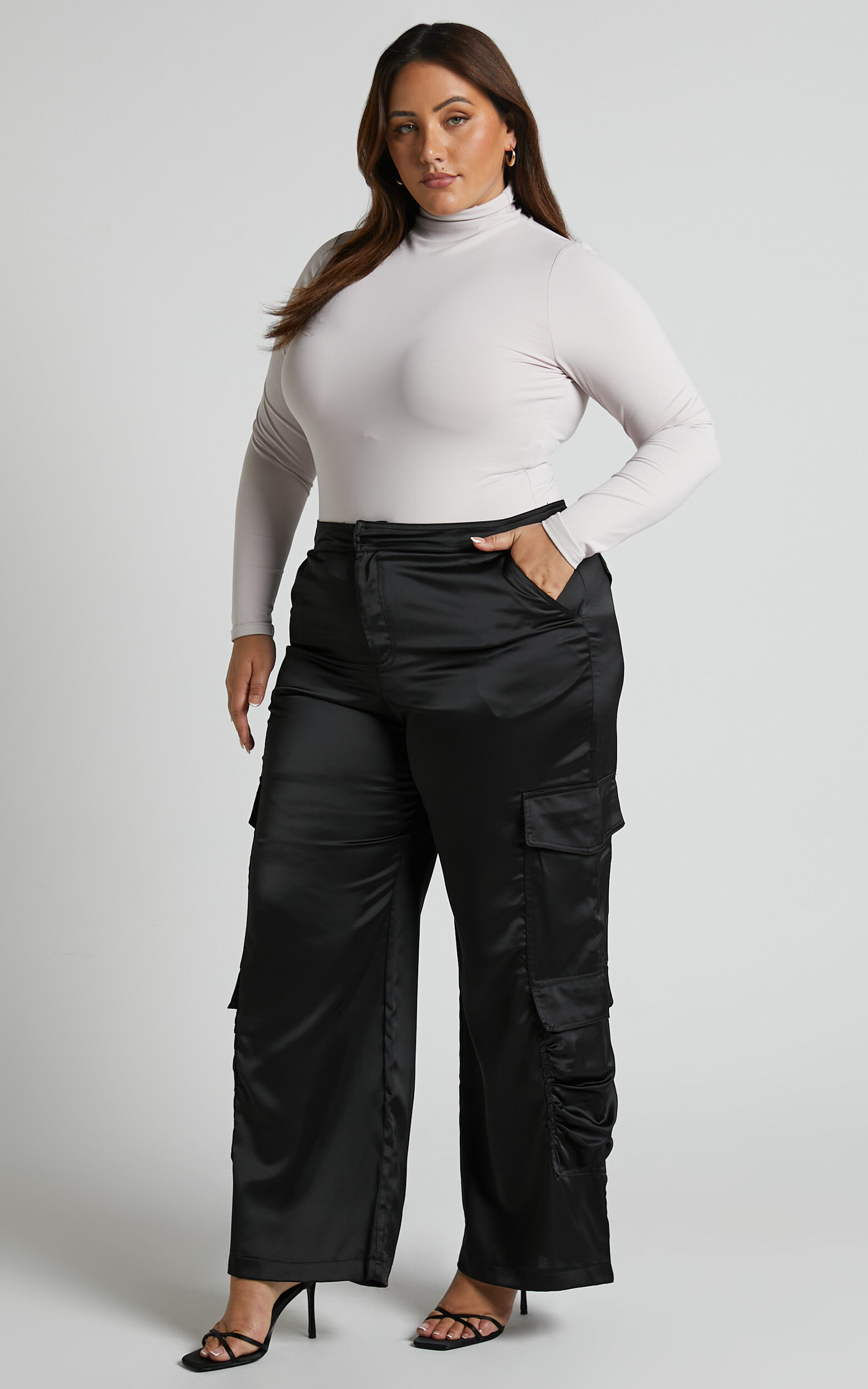 Saori Pants - Mid Rise Satin Cargo Pants in Black | Showpo EU