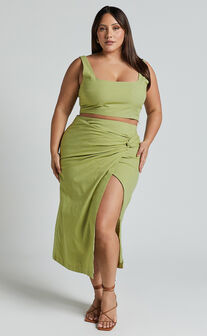 Gibson Two Piece Top and Skirt Set - Linen Crop Top and Knot Front Midi Skirt Set in Celery