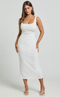 Sarina Midi Dress - Ribbed Scoop Neck Dress in White