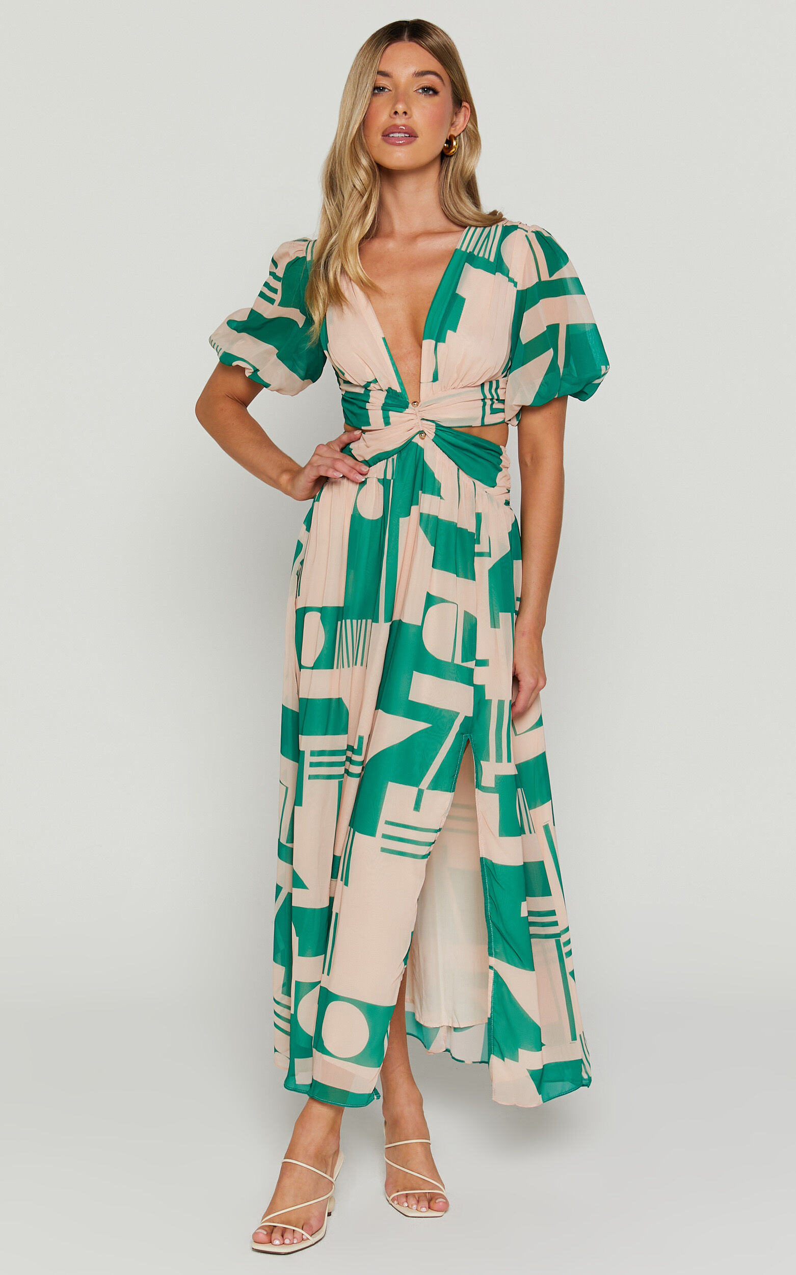 Lindey Midi Dress Side Cut Plunge Neck Puff Sleeve Dress in Green and Cream Geo