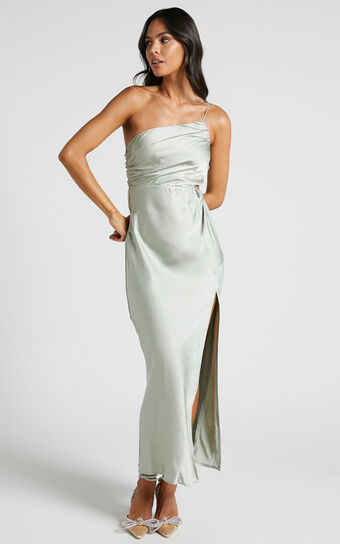 Jaylani Midi Dress - One Shoulder Thigh Split Gathered Satin Dress in Sage